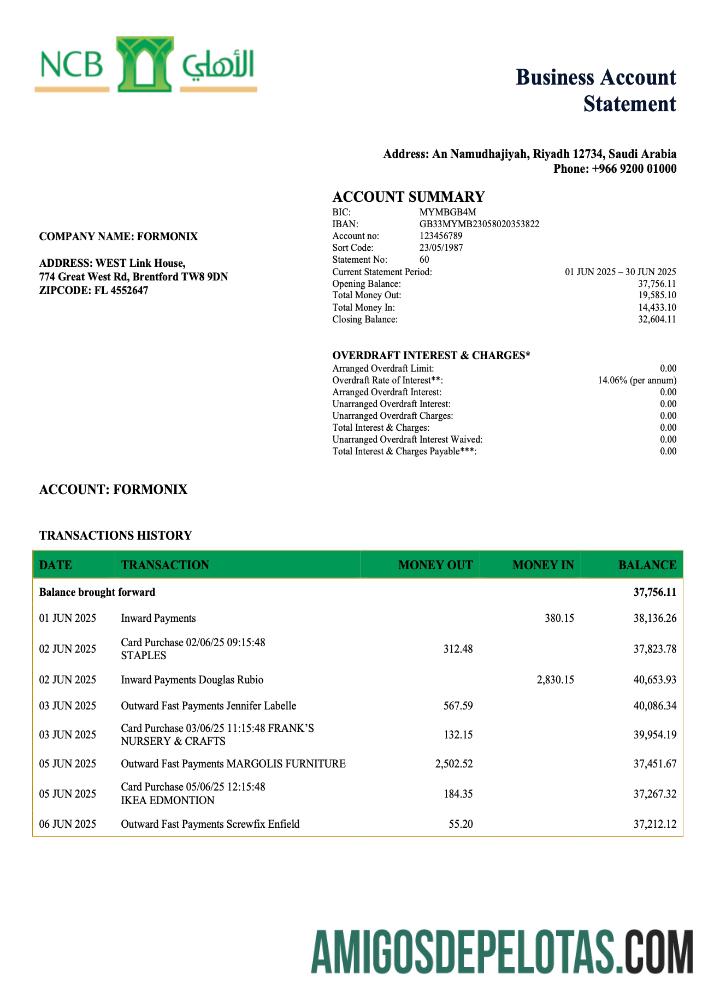Imprimível Arábia Saudita NCB Business modelo de extrato de conta Word e PDF